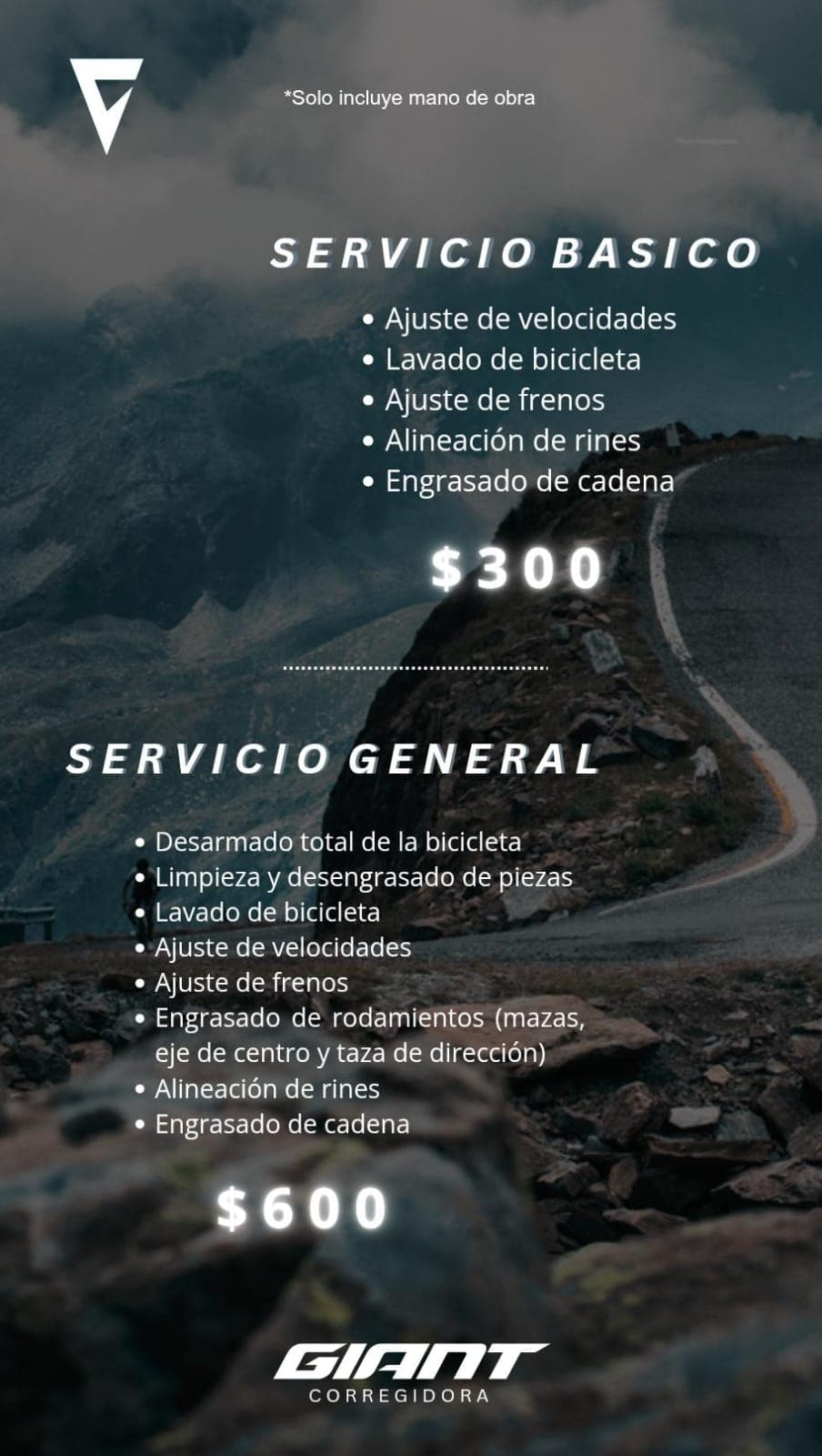 Servicio Básico $300: ajuste de velocidades, lavado de bicicleta, ajuste de frenos, alineación de rines y engrasado de cadena. Servicio General $600: desarmado total, limpieza y desengrasado de piezas, lavado, ajuste de velocidades y frenos, engrasado de rodamientos, alineación de rines y engrasado de cadena.