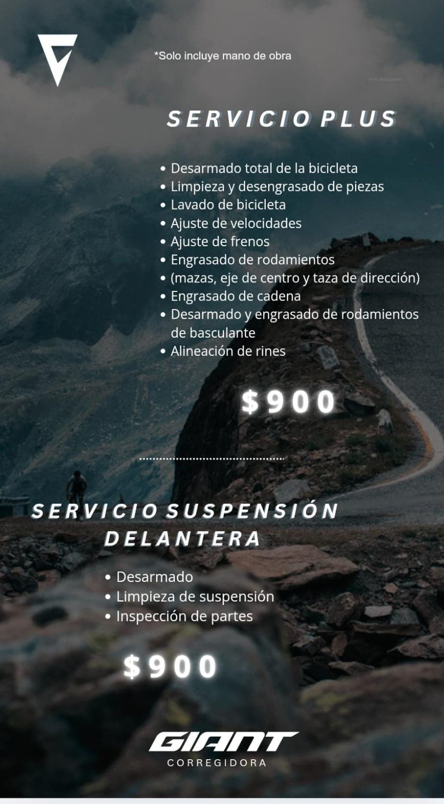 Servicio Plus $900: desarmado total, limpieza y desengrasado de piezas, lavado, ajuste de velocidades y frenos, engrasado de rodamientos, engrasado de cadena, desarmado y engrasado de rodamientos de basculante y alineación de rines. Servicio Suspensión Delantera $900: desarmado, limpieza de suspensión e inspección de partes.