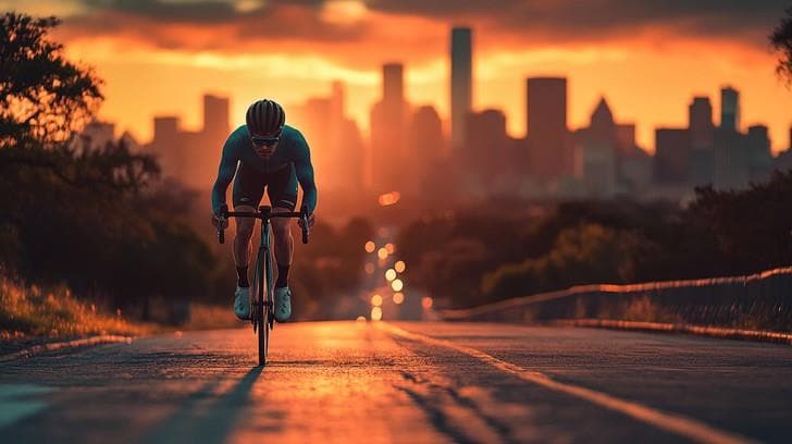 Ciclista de ruta en posición aerodinámica al atardecer con la ciudad de fondo